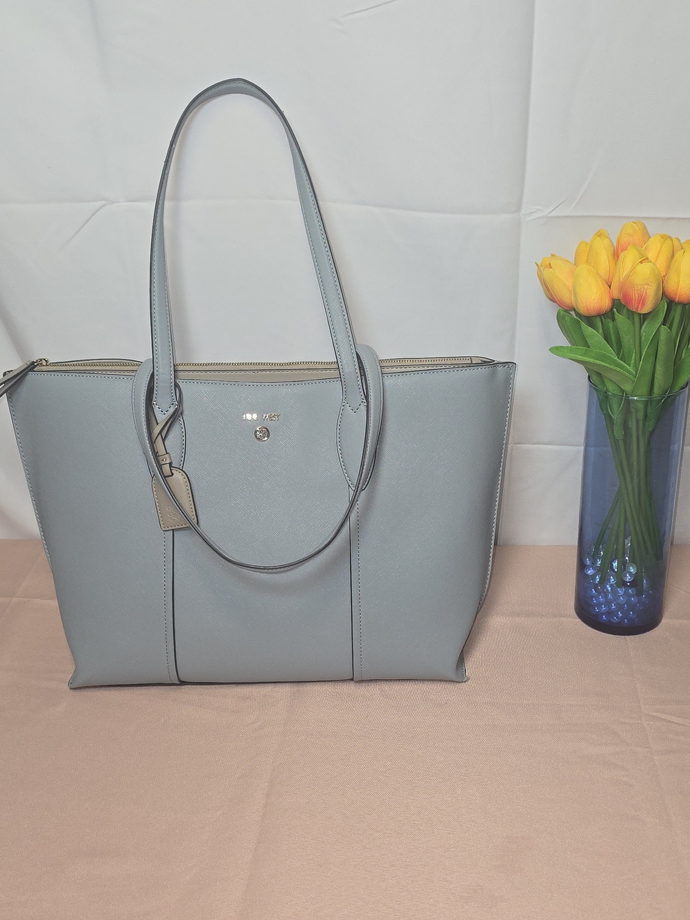 Nine West Grady Laptop Tech Tote Bag Bluestone Blue Saffiano Zip